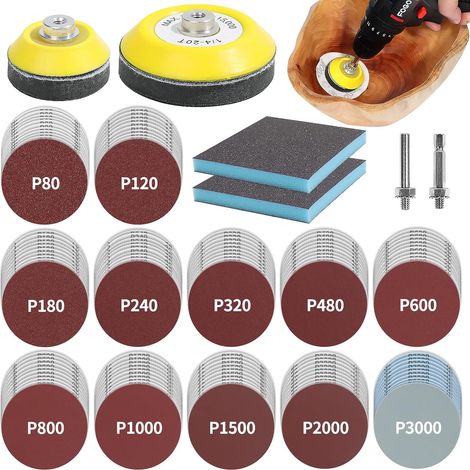 120 discos de lijado de 50 mm y 75 mm con soporte de papel de lija, granos 80, 120, 180, 240, 320, 480, 600, 800, 1000, 1200, 1500 y 3000 para automóviles, metal y madera. (1/5)