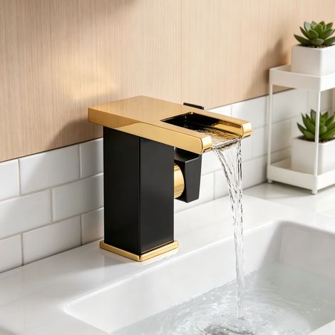 Black And Golden Bathroom Faucet, Waterfall Basin Tap Built With Copper Core (1/4)