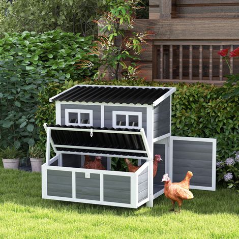 Poulailler avec nichoir pour 4 à 6 poules - plastique - bois d’épicéa - toit étanche - 100 x 86 x 100 cm - gris clair