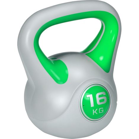 Kettlebell 16 kg. revêtement PU et remplissage de sable. pour musculation. 27 x 17 x 31 cm. vert et gris (1/5)