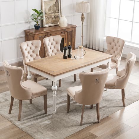 DESMIU Chaise de Salle à Manger Rembourrée avec Pieds Réglables, Clous Décoratifs et Anneau Dossier en Velours Beige (1/5)