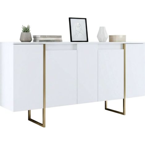 Dmora - Kommode Betel, Wohnzimmerbuffet, Wohnzimmer-Sideboard, Moderne Küchen-Speisekammer, 160x35h80 cm, Weiß und Gold, mit verstärkter Verpackung