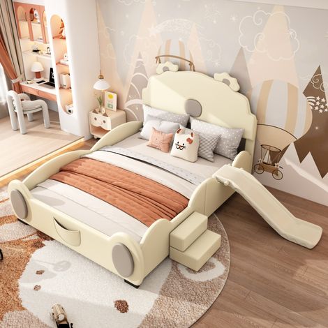 Cama infantil 140x200 cm en PU y MDF beige con tobogán y escalera, sin colchón – MEUBLIV (1/5)