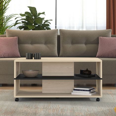 Couchtisch Erice, mit Rollen, 2 Fächer, rechteckig, 101x55x48h cm, Braun Hell-Eiche (1/5)