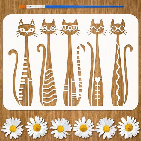 Pochoirs de Chats Abstraits avec Pinceau 21x29,7cm Pochoir de Peinture de Forme de Chat Motif de Chat Thème Animal Pochoir Artisanal pour Peinture sur Mur Bois Meuble DIY Décor Maison (1/5)