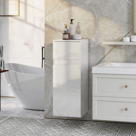 Mobiletto Bagno Sospeso con Cassetto, Anta Lucida e Ripiano in Vetro Regolabile, Bianco