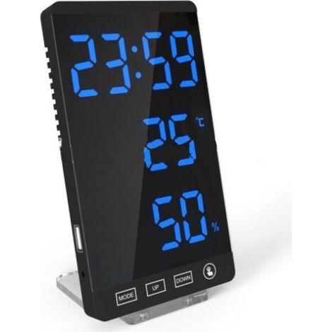 Horloge à miroir LED thermomètre et hygromètre réveil météo électronique en noir et bleu (1/5)