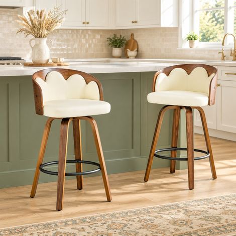 Set de 2 taburetes de bar con respaldo floral, asiento de PU, madera curvada, blanco OKMYHOME (1/5)