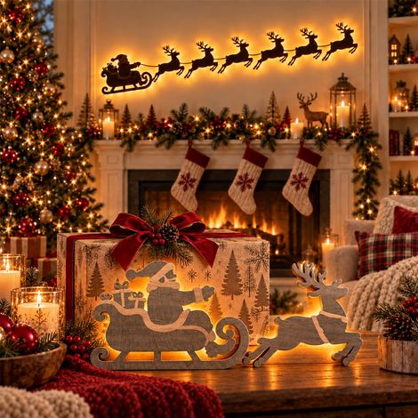 Décoration murale de Noël lumineuse d'intérieur : traîneau du Père Noël et rennes (7/14 pièces) (1/5)