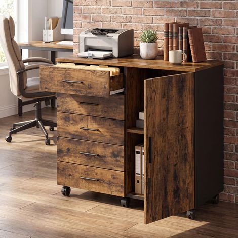 Caisson de Bureau à Roulettes, Support pour Imprimante, avec 5 Tiroirs, 2 Étagères, Rails Coulissants, Marron (1/5)