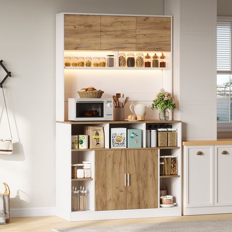 Armoire colonne cuisine 105x40x180 cm blanc bois avec LED RGB, 5 portes, étagères réglables, vitrine de rangement pour cuisine et salon (1/5)