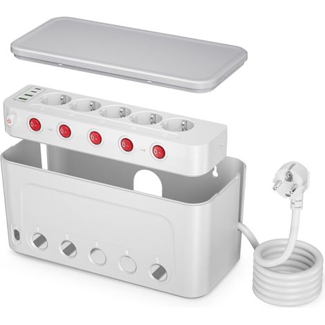 Boite Rangement Cable avec Multiprise 5 Prises,Grande Boîte Cache Câbles  Cache Multiprise avec Interrupteur Individuel,Prise Multiple Electrique avec USB C,Rallonge Electrique 1,5m,Pour Maison,Blanc (1/5)