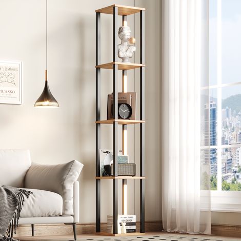Étagère d'angle lumineuse led - 26 x 26 x 165 cm - colonne de rangement à 4 niveaux pour salon et chambre - style minimaliste moderne en mdf - noir et bois naturel (1/5)
