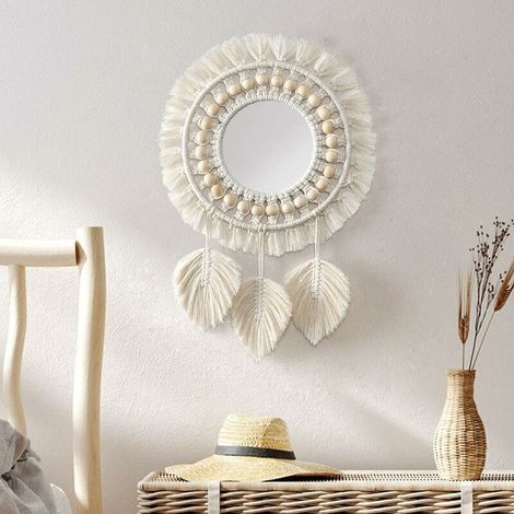 Miroir Mural à Franges en macramé, Pendentif en Plumes de Perles de Bois Miroir Rond d'art Mural pour Couloir De Chambre à Coucher Salon(Beige) (1/4)