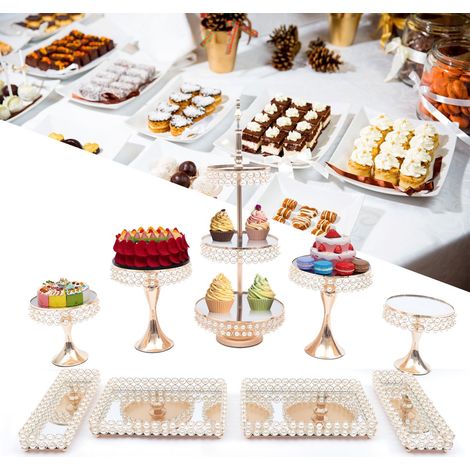 Ensemble de 9 pièces Supports à gâteaux en métal Supports à gâteaux ronds Assiette carrée pour bonbons et fruits Tour à cupcakes Décoration pour mariage, anniversaire, fête, maison, doré antique (1/5)