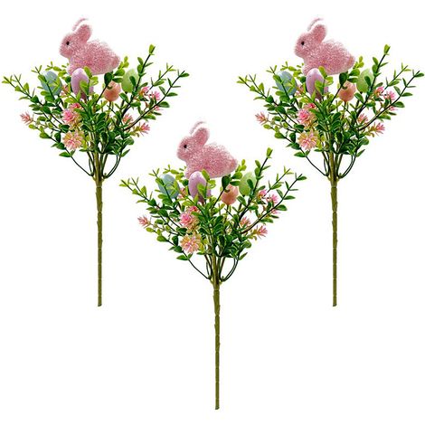 【Kleines und mittleres Osterei mit Zweig und rosa Hase Nini A10769】Set mit 3 künstlichen Ostereiern mit Blumen und Hase, Dekorationszubehör. Künstliches Schaumstoffei (1/2)