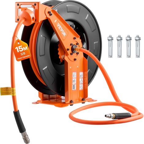 VEVOR Bobina Pneumatica per Tubo Aria Compressa Tubo Flessibile per Aria Compressa Ibrido da 15 m x 9,5 mm, Massimo 300 PSI, con Riavvolgimento Automatico e Cavo da 1,52 m, Braccio Doppio in Acciaio (1/5)