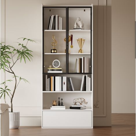 Hohe Vitrine 80 x 34 x 180 cm mit 1 Schublade, Glastüren und weißer LED HAVRYA (1/5)