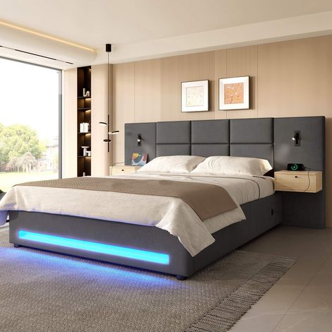 Lit coffre 180x200 cm, tête de lit en velours avec tiroirs, LED, USB-C, rangement hydraulique, sommier à lattes, gris foncé, sans matelas (1/5)