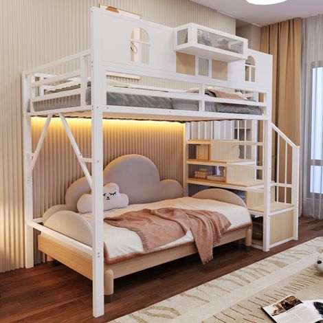 Lit superposé en acier 90x200 cm, avec échelle intégrée et lampe LED, espace de stockage, hublot, panneaux en bois et grillage métallique, garde-corps surélevé, cadre robuste, blanc (1/5)