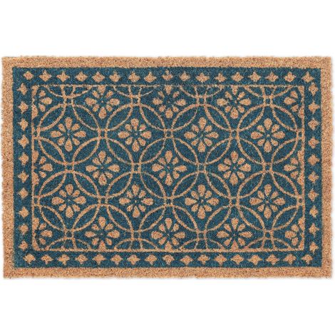 Relaxdays Felpudo Entrada, Fibras de Coco Diseño Floral, Interior y Exterior, Puerta, 60 x 40 cm, Azul y Natural