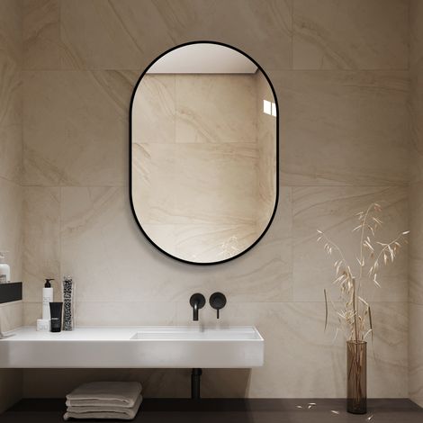 Miroir Mural Arqué 60 X 90 Cm Avec Cadre Aluminium Noir, Miroir HD Sans Cuivre, Miroir Décoratif Moderne Pour Salle De Bain Chambre Et Entrée