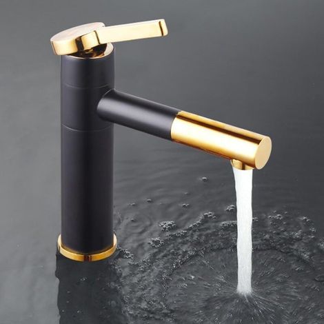 Grifo giratorio negro + mango chapado en oro para baño, grifo de lavabo elegante (1/5)