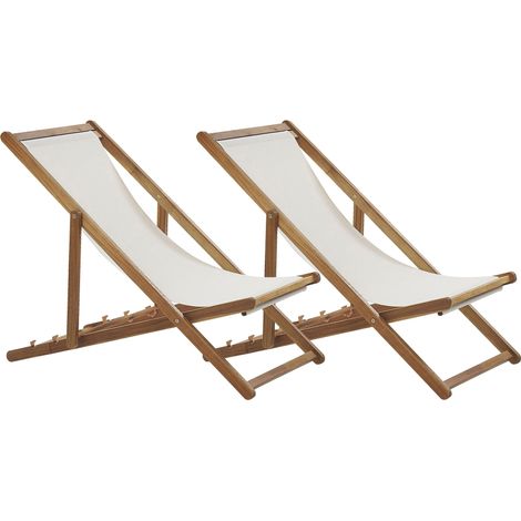 Lot de 2 Chaises Longues de Jardin en Bois d'Acacia Clair et Tissu Pliantes Inclinables Blanc Cassé Anzio (1/5)