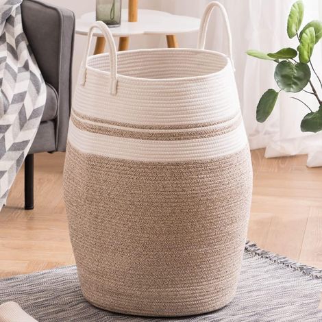 Cesta de ropa de cuerda de algodón, cesto grande para ropa sucia, cesta de almacenamiento grande con asa, marrón (1/5)