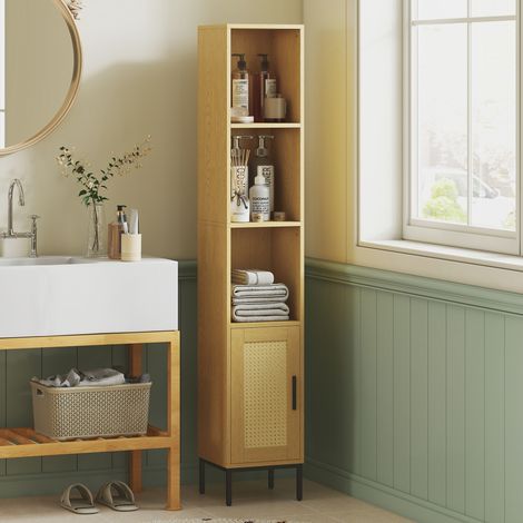 Armoire de salle de bains haute, armoire étroite avec étagères ouvertes et tablette réglable, aspect bois naturel (1/5)
