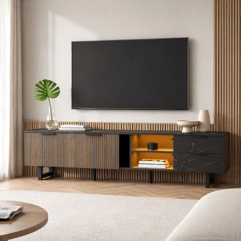 Mueble TV 200 cm con LED multicolor, 2 puertas y 2 cajones, negro mármol y madera DESVIAE (1/5)