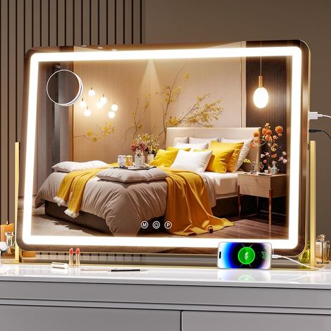 Hasipu Schminkspiegel mit Licht, Spiegel mit Beleuchtung, LED Kosmetikspiegel mit 10x Vergrößerung und USB-Ladeanschluss, 3 Farbtemperatur Licht, Smart Touch, 75 x 54 cm Rund Gold