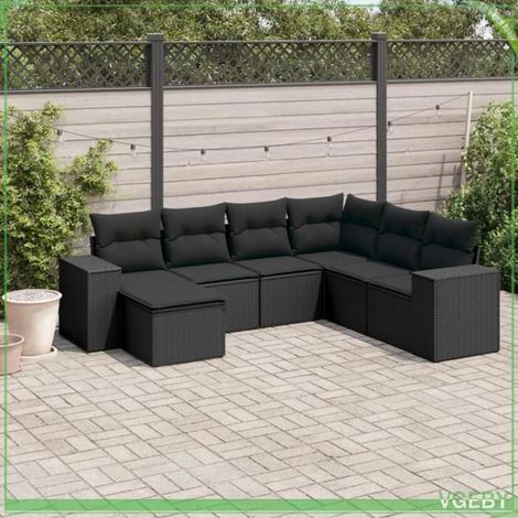 Salon de jardin 7 pcs - FAF7291712421594 - résine tressée noire - coussins déhoussables - rangement sous assise (1/3)