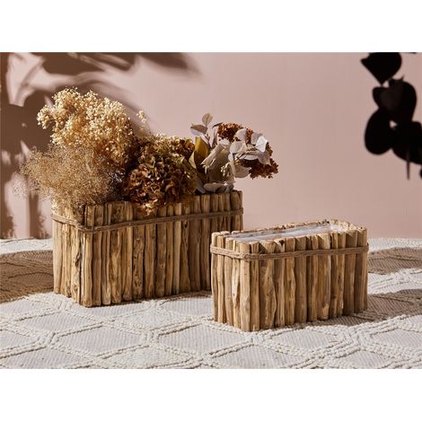 Jardinière en bois naturel avec corde 50 cm. Lot de 2 (50 x 25 x 25 cm). (1/3)