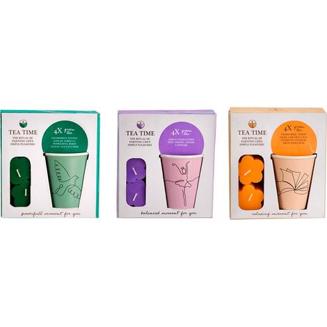 Estuche con taza de té y velas, modelos variados