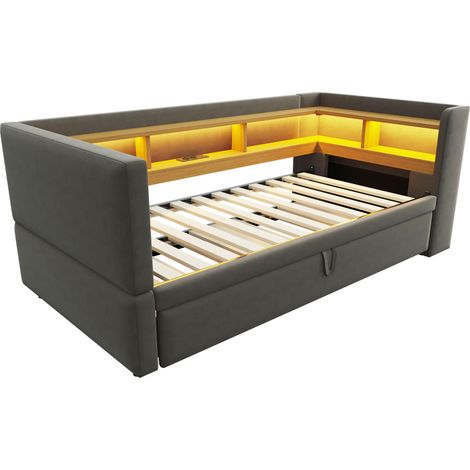 Canapé-lit gigogne rembourré 90/180 x 190 cm avec LED, prises et rangements, gris foncé MODENUIT (1/5)