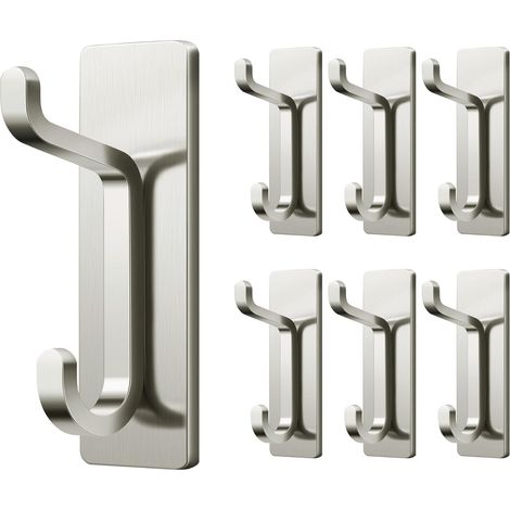 Silver adhesive wall hooks, towel and coat hooks, no drilling required, waterproof, set of 6 (1/5)