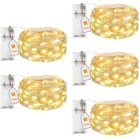 Lot de 5 Guirlande LED à Pile avec Minuterie, 2m 20 LED Petite Fairy Lights en Fil d'Argent, IP65 Étanche Guirlande Lumineuse Pile pour Décoration Chambre Noël Maison Halloween Blanc Chaud (1/5)