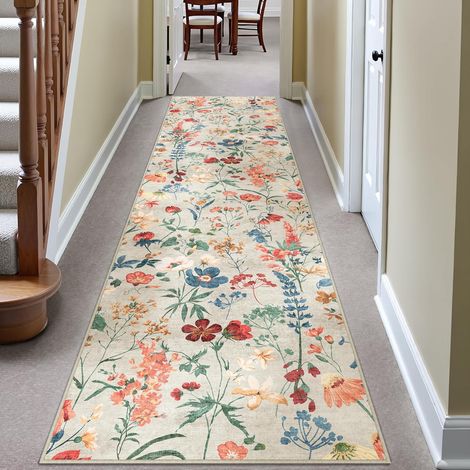 Beige Tapis de Couloir 80x300cm Fleur Long Lavable Rug Passage Rugs Lavable en Machine Carpets Antidérapant Boheme Naturel Long Carpet Descente de Lit Cuisine Doux Poil Ras (1/5)