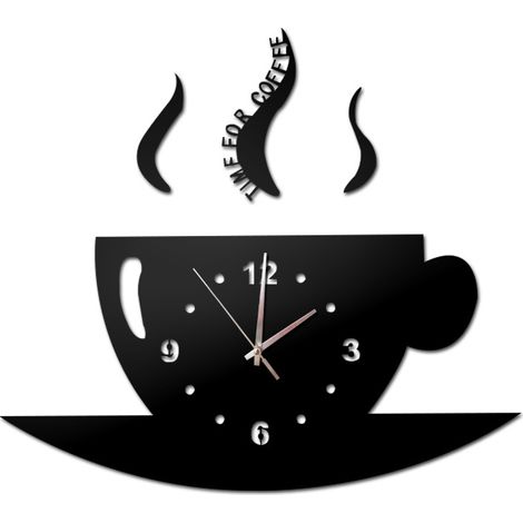 Tasse Temps pour café Moderne de Cuisine - Horloge Murale 3 D - Noir