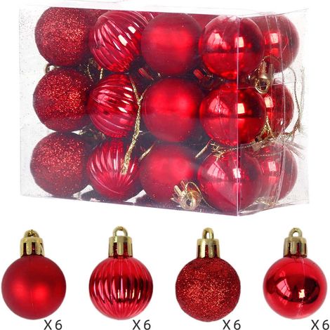 Boule De Décoration De Noël - En Plastique Incassable - Finition Miroir Pailletée - Diamètre 3 cm - Rouge - Lot De 24 (1/4)