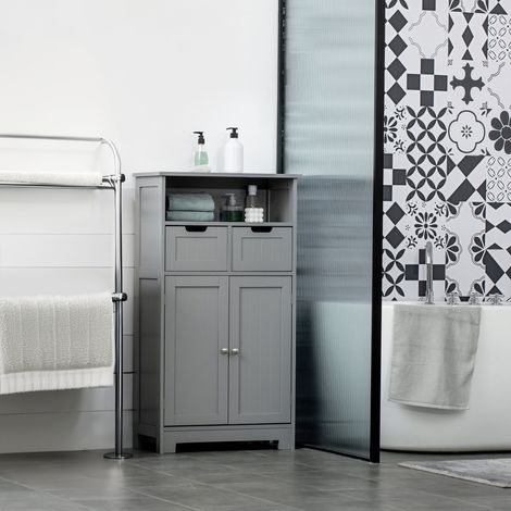 Meuble vasque salle de bain gris anthracite 60x30x109 cm avec 2 tiroirs, compartiment, placard porte et tablette réglable