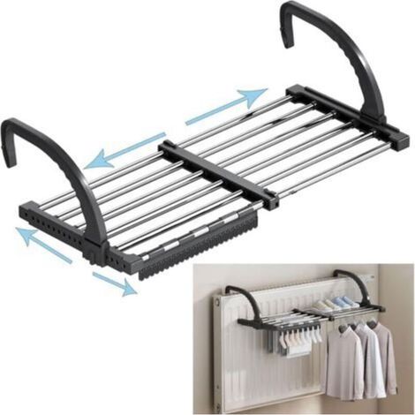Séchoir à Linge Balcon/Radiator/Mural,Etendoir à Linge Pliable en Acier Inoxydable, Télescopique Sèche Linge Suspendu (Longueur: 51-95 cm), Etendoir Chaussette Coupe-Vent Inclus (1/5)