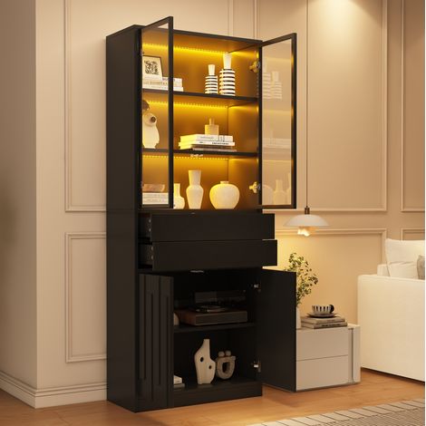 Vitrina LED negra 70 x 34 x 180 cm con 2 cajones y puertas de vidrio templado, OKWISH (1/5)