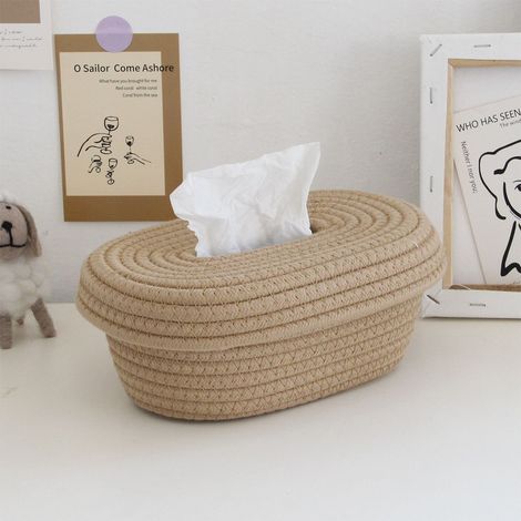Büroaufbewahrungsbox, einfacher handgefertigter Aufbewahrungskorb aus Baumwollgarn, Taschentuchbox im japanischen Stil, Taschentuchbox aus khakifarbenem Baumwollseil (1/5)