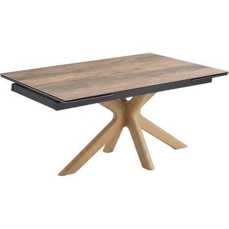 Table extensible 160 à 240 cm céramique effet bois pied croisé bois clair - TEXAS 12