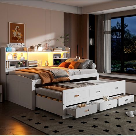 Letto estraibile 90x200 cm in legno bianco con contenitore, senza materasso - FLORAGRACE (1/5)