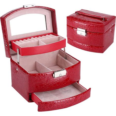 Boîte à Bijoux avec Miroir Coffret pour Bijoux Pésentoirs avec Boucle Moderne Cadeau Vintage pour les Femmes (rouge) (1/5)