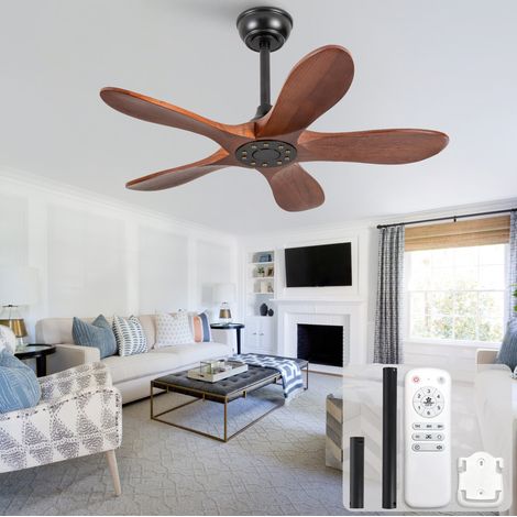 Ventilateur de plafond 36 pouces sans éclairage, 5 pales en bois foncé, 6 vitesses, moteur réversible silencieux 25 dB, minuterie et télécommande – CHICFURN (1/5)