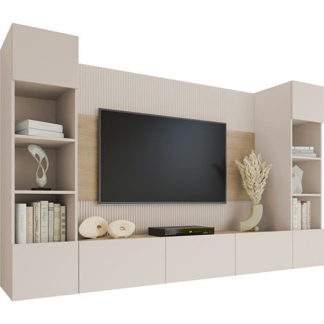 Mobilier1 – Ensemble de meubles de salon beige et chêne – Largeur 260 cm – Hauteur 150 cm – Mécanisme push to open – Fabriqué en Union Européenne